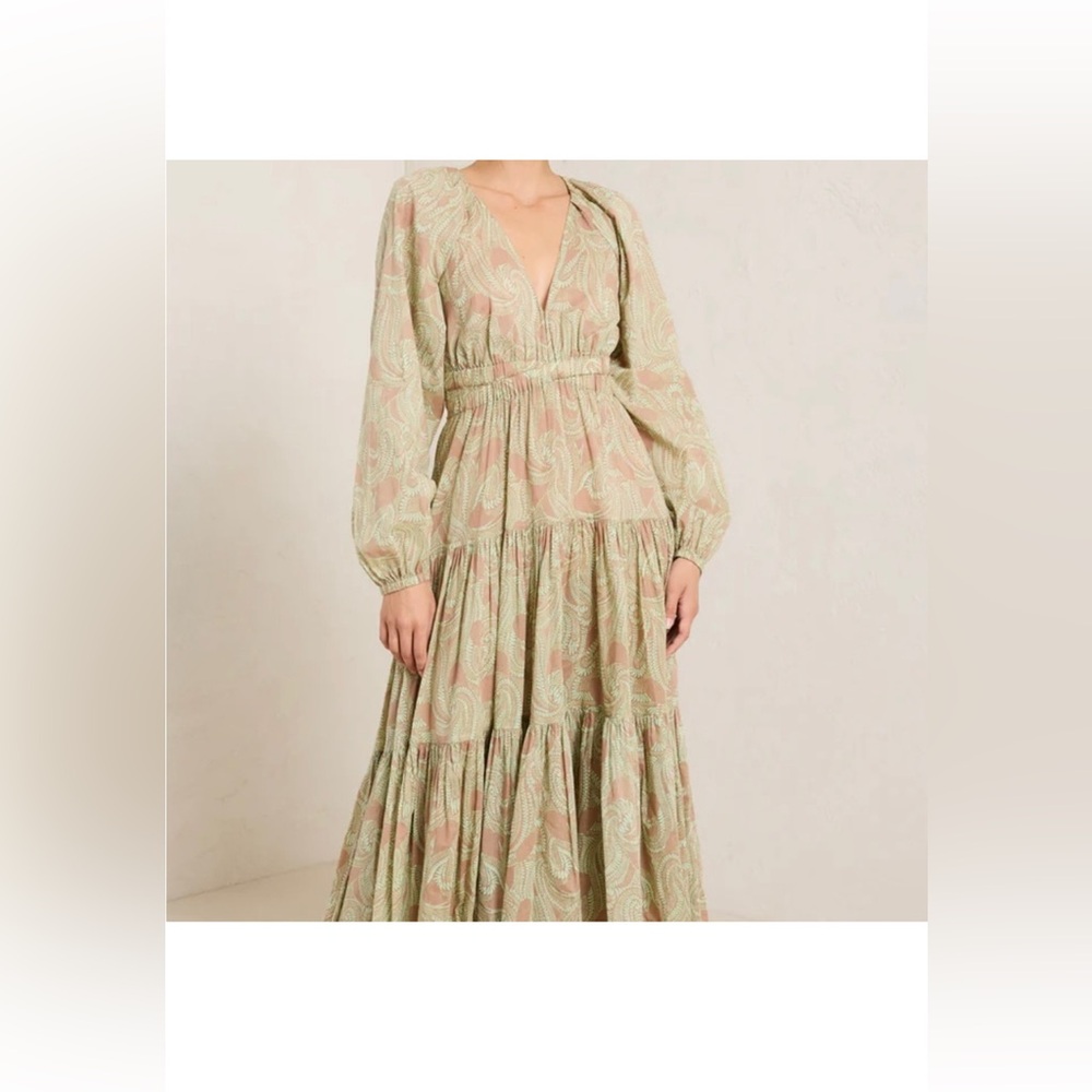 A.L.C. | Iman Tiered Maxi Dress in Beige/Pastel Green | Size 6